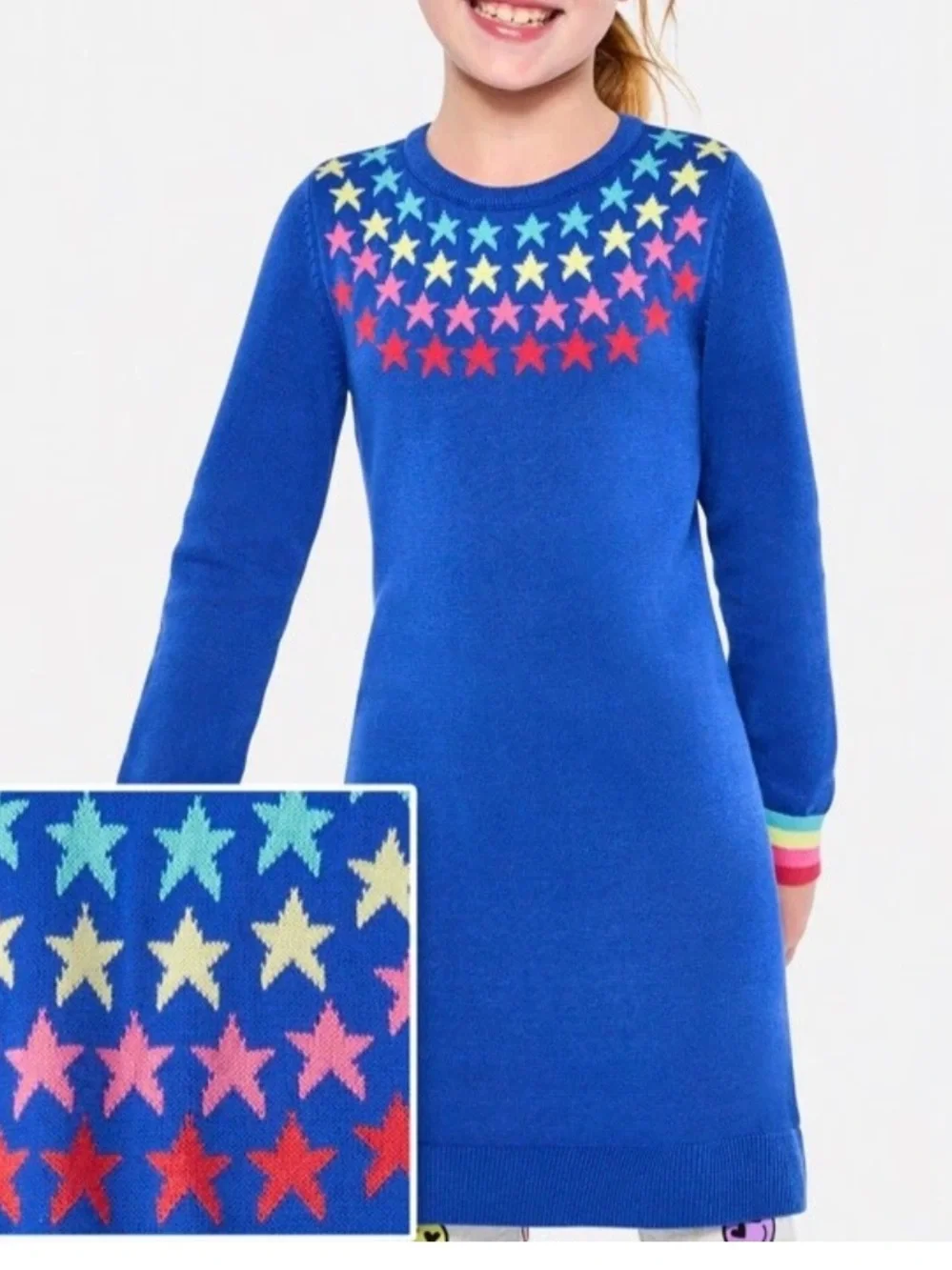 Childrens place knit long sleeve dress star print blue size 10